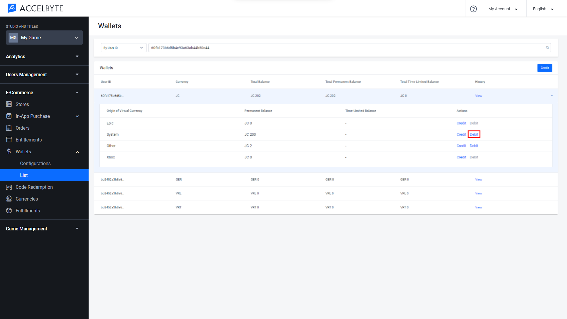 Debit a Player&#39;s Sub-Wallet Details